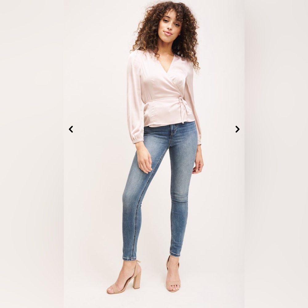 Dynamite Pink Long Sleeve Surplice Wrap Tie Satin Blouse Top